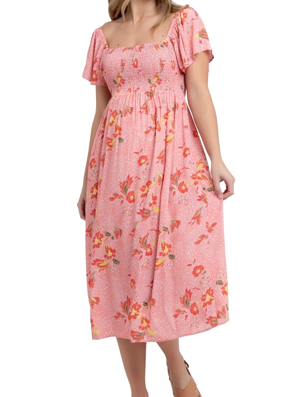 Ripe Pink Floral Midi Libby Smocked Maternity Dress